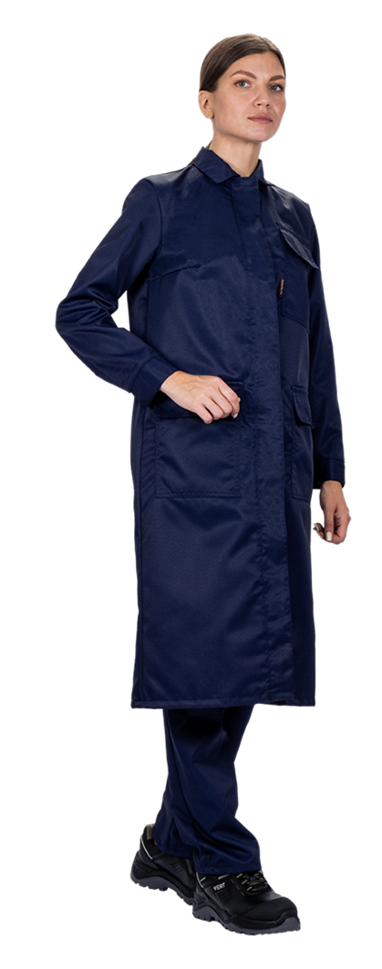 Комплект женский от растворов кислот и щелочей, механических воздействий, (халат, брюки), темно-синий