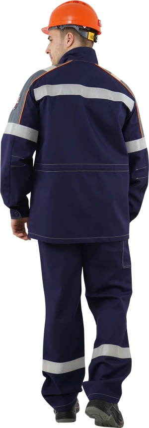 Костюм мужской МЕГАСТАТОЙЛ  от нефтепродуктов, кратковременного воздействия пламени, статического электричества, темно-синий/серый/оранж Кос 907